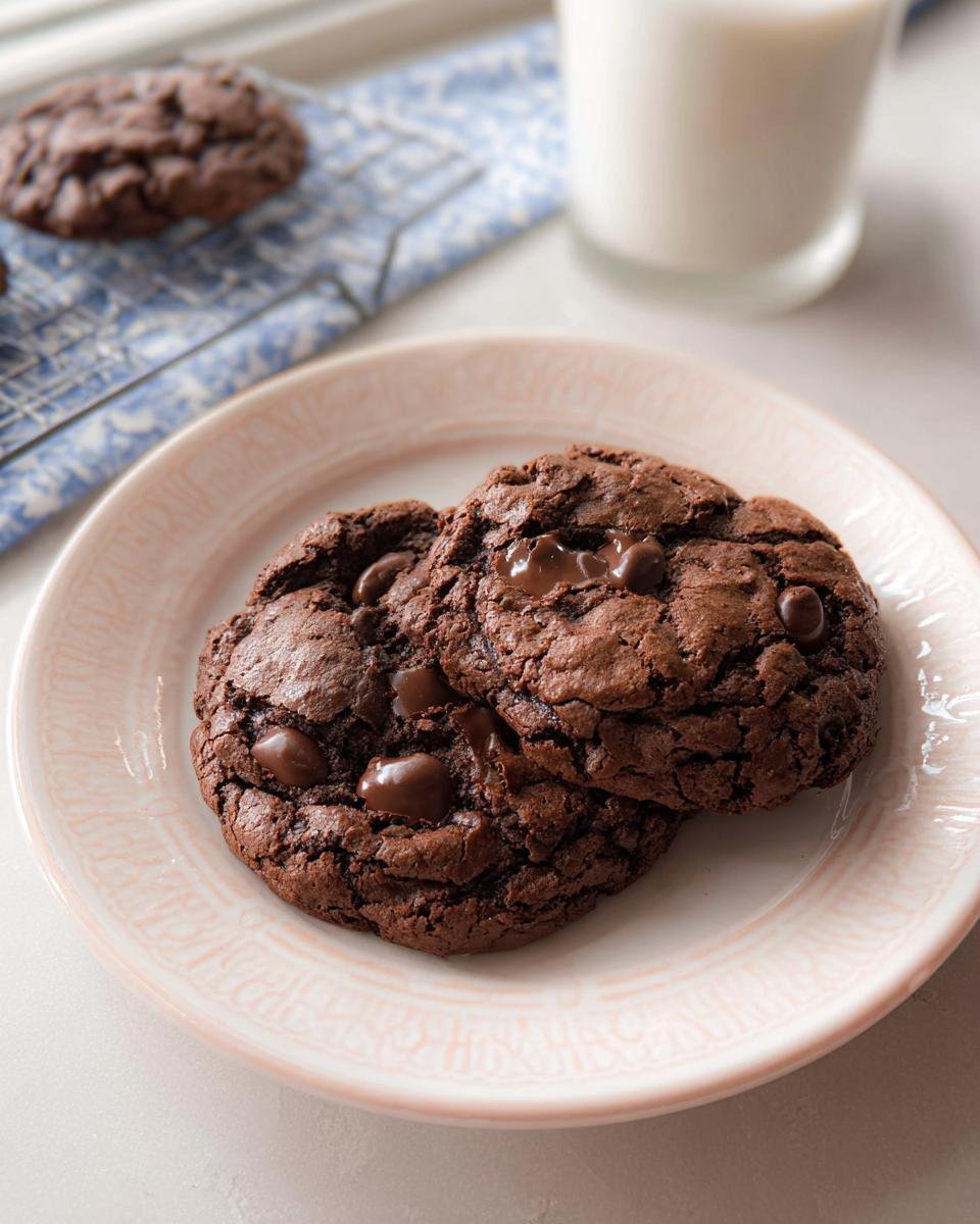 Two rich, dark Soft and Chewy Double Chocolate Chip Cookies stacked on a light pink plate.