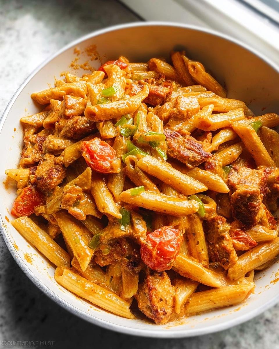 A close-up view of creamy Spicy Cajun Sausage Pasta One Pan served in a white bowl, featuring penne pasta, sausage pieces, and cherry tomatoes.