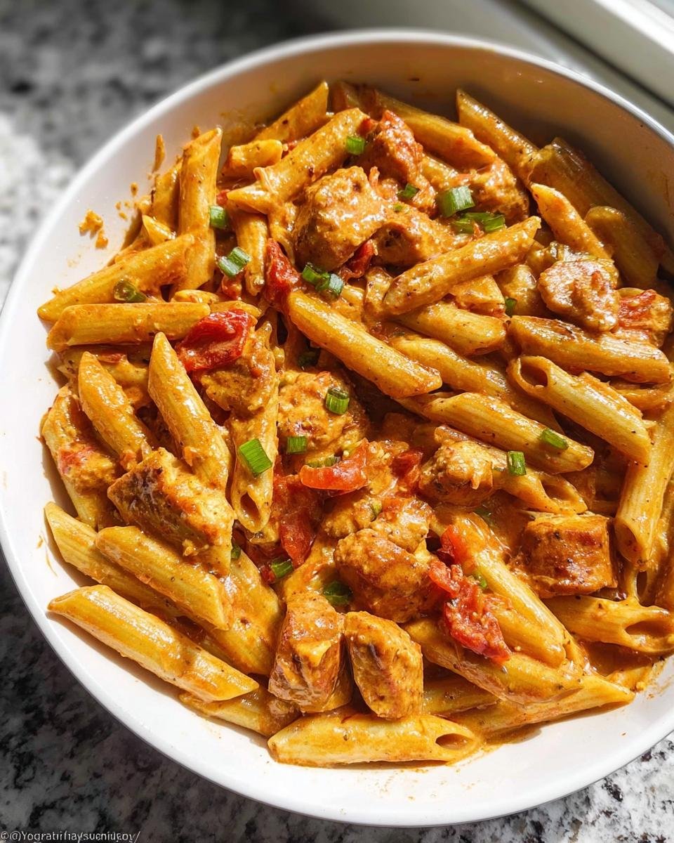 Close-up of Spicy Cajun Sausage Pasta One Pan featuring penne pasta, sausage chunks, and a creamy orange sauce, garnished with green onions.