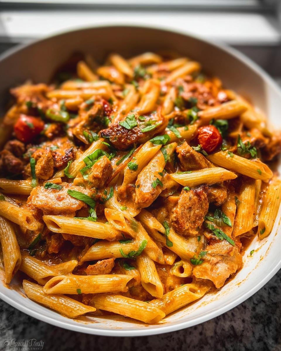 A close-up bowl of creamy, orange-sauced Spicy Cajun Sausage Pasta One Pan garnished with fresh herbs.