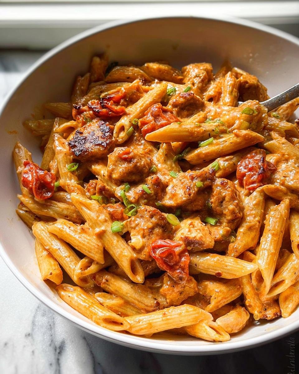 A close-up view of a bowl filled with creamy Spicy Cajun Sausage Pasta One Pan, featuring penne pasta, sausage chunks, and roasted tomatoes.