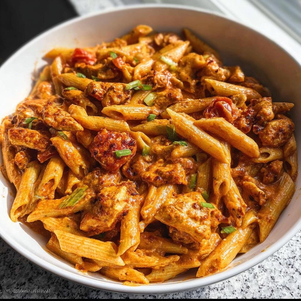 Close-up of a white bowl filled with creamy Spicy Cajun Sausage Pasta One Pan, garnished with green onions.