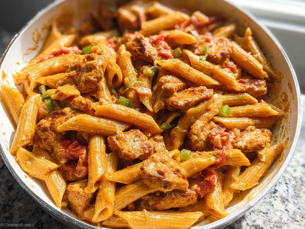 Close-up of creamy Spicy Cajun Sausage Pasta One Pan dish featuring penne pasta and chunks of sausage.