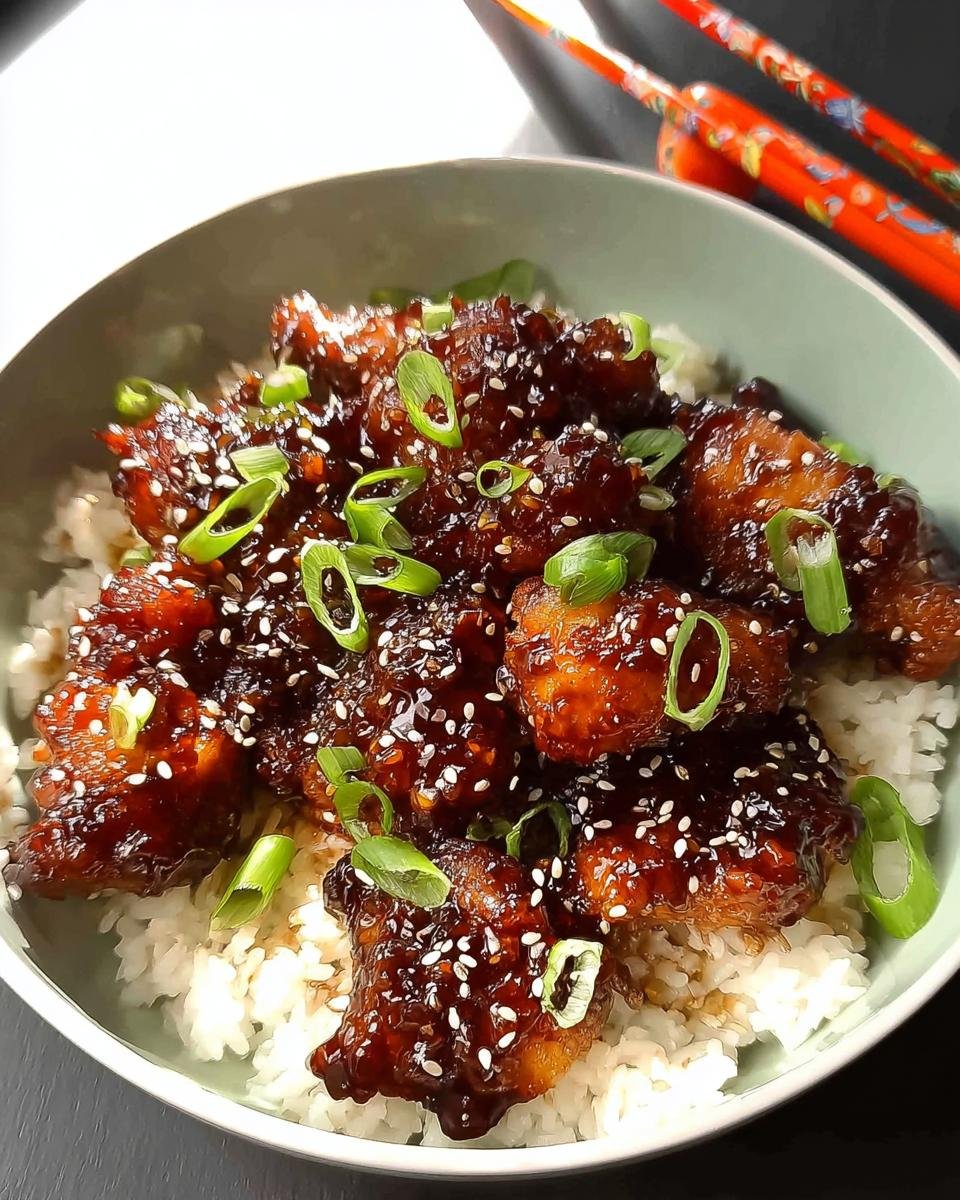 Close-up of Sticky Soy Ginger Chicken Thighs glazed with sauce, sprinkled with sesame seeds and green onions, served over white rice.