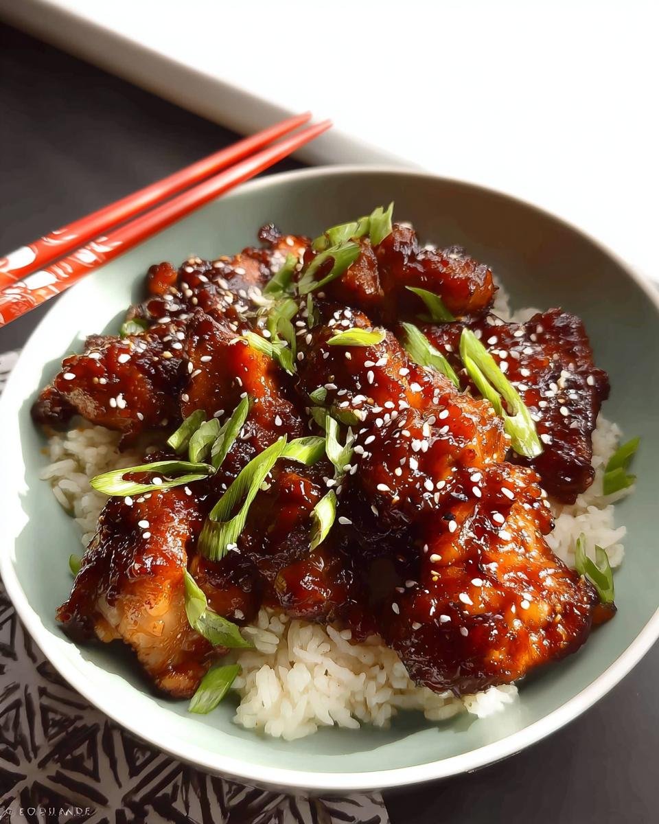 Glazed Sticky Soy Ginger Chicken Thighs served over white rice, garnished with sesame seeds and green onions.