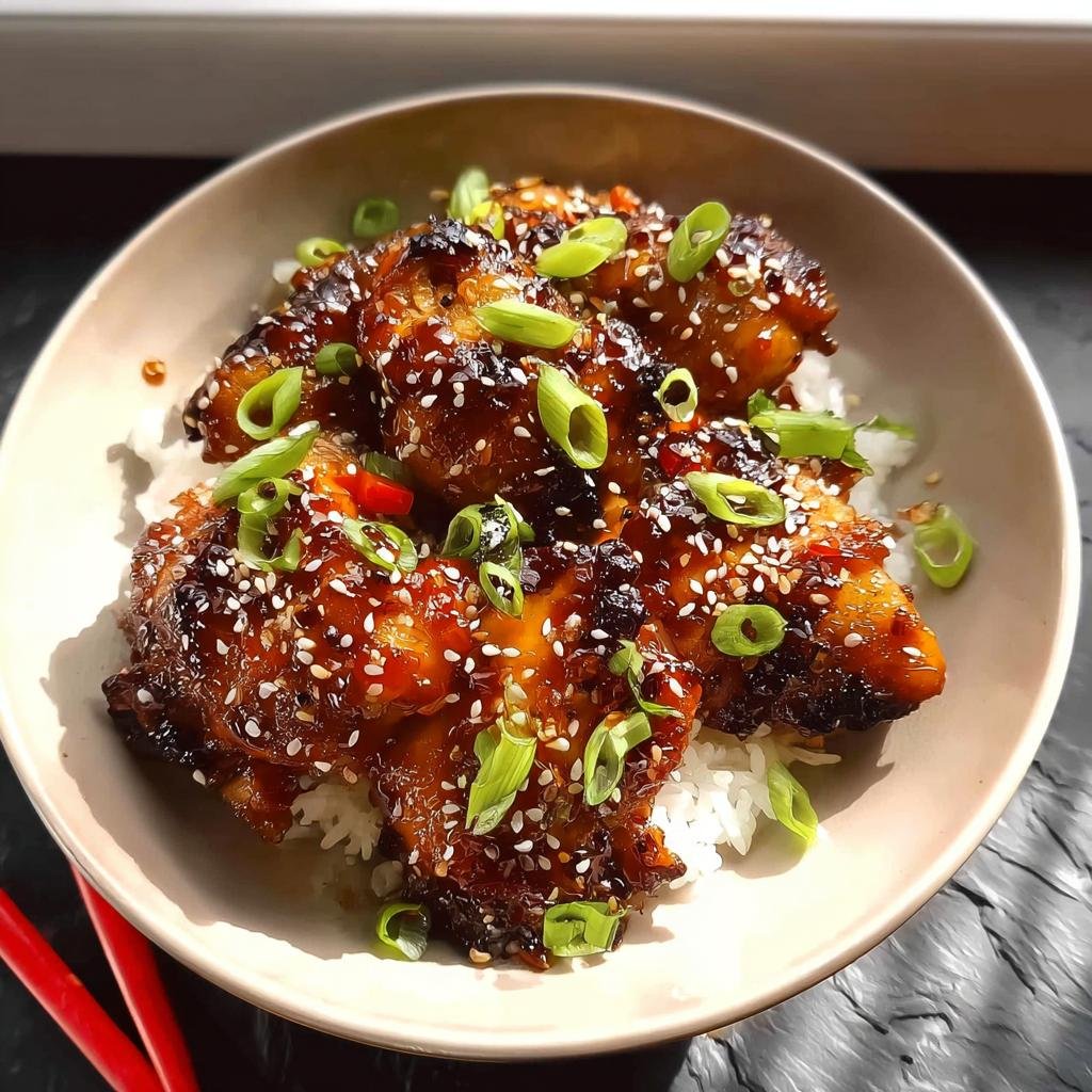 Close-up of Sticky Soy Ginger Chicken Thighs glazed with sauce, topped with sesame seeds and green onions, served over white rice.