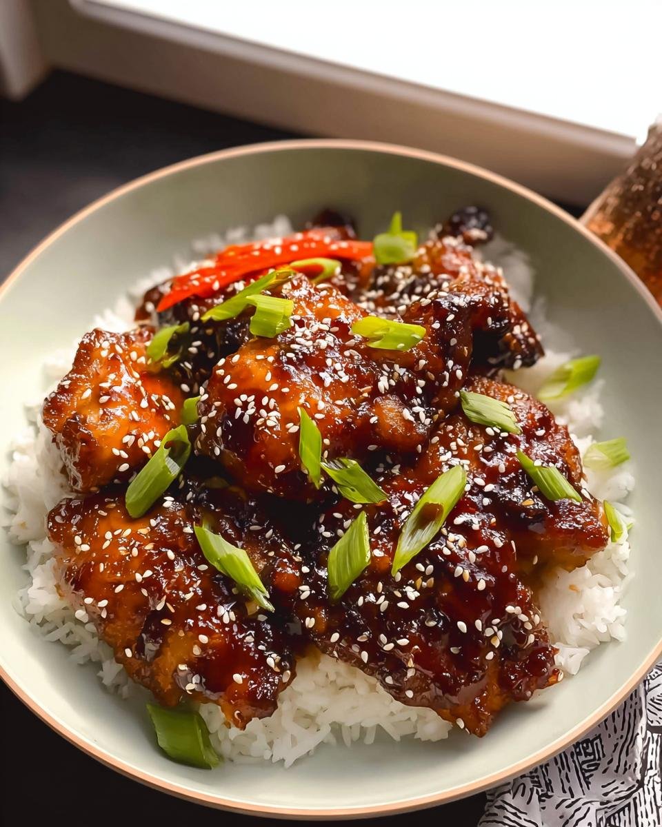 Close-up of Sticky Soy Ginger Chicken Thighs glazed with sauce, served over white rice and garnished with sesame seeds and green onions.
