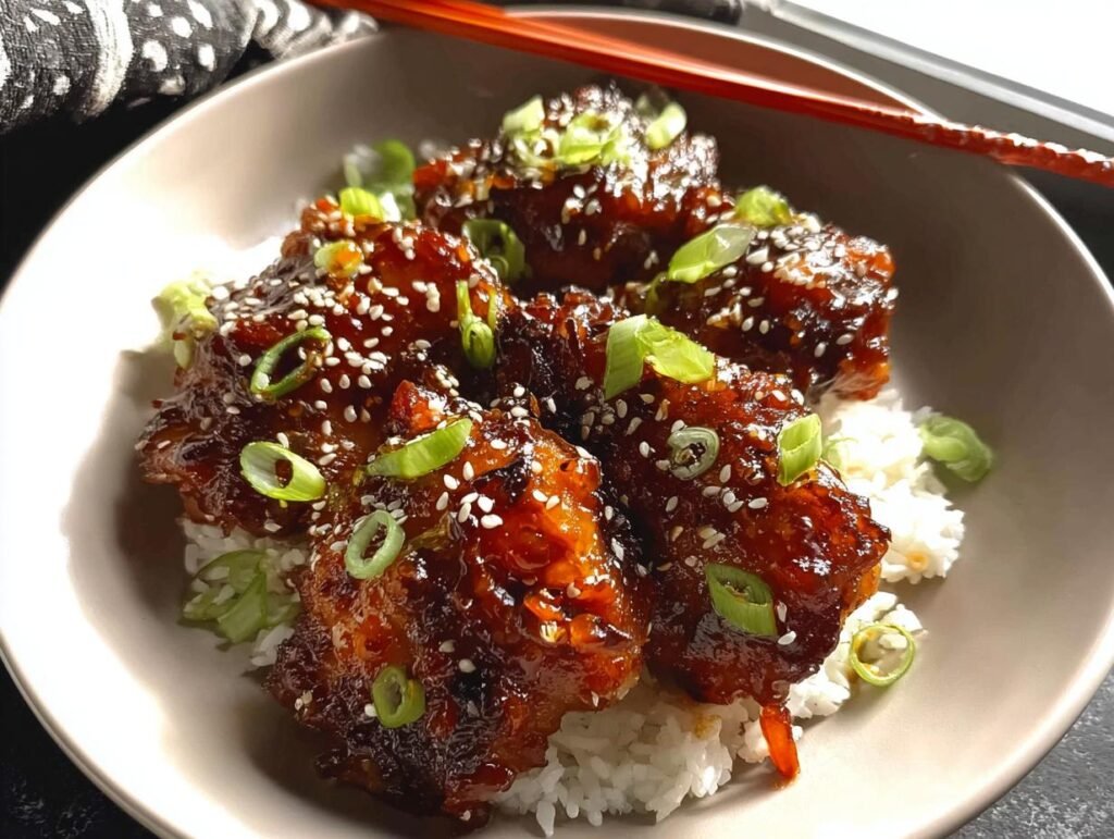 Four pieces of Sticky Soy Ginger Chicken Thighs coated in a dark glaze, served over white rice and garnished with sesame seeds and green onions.