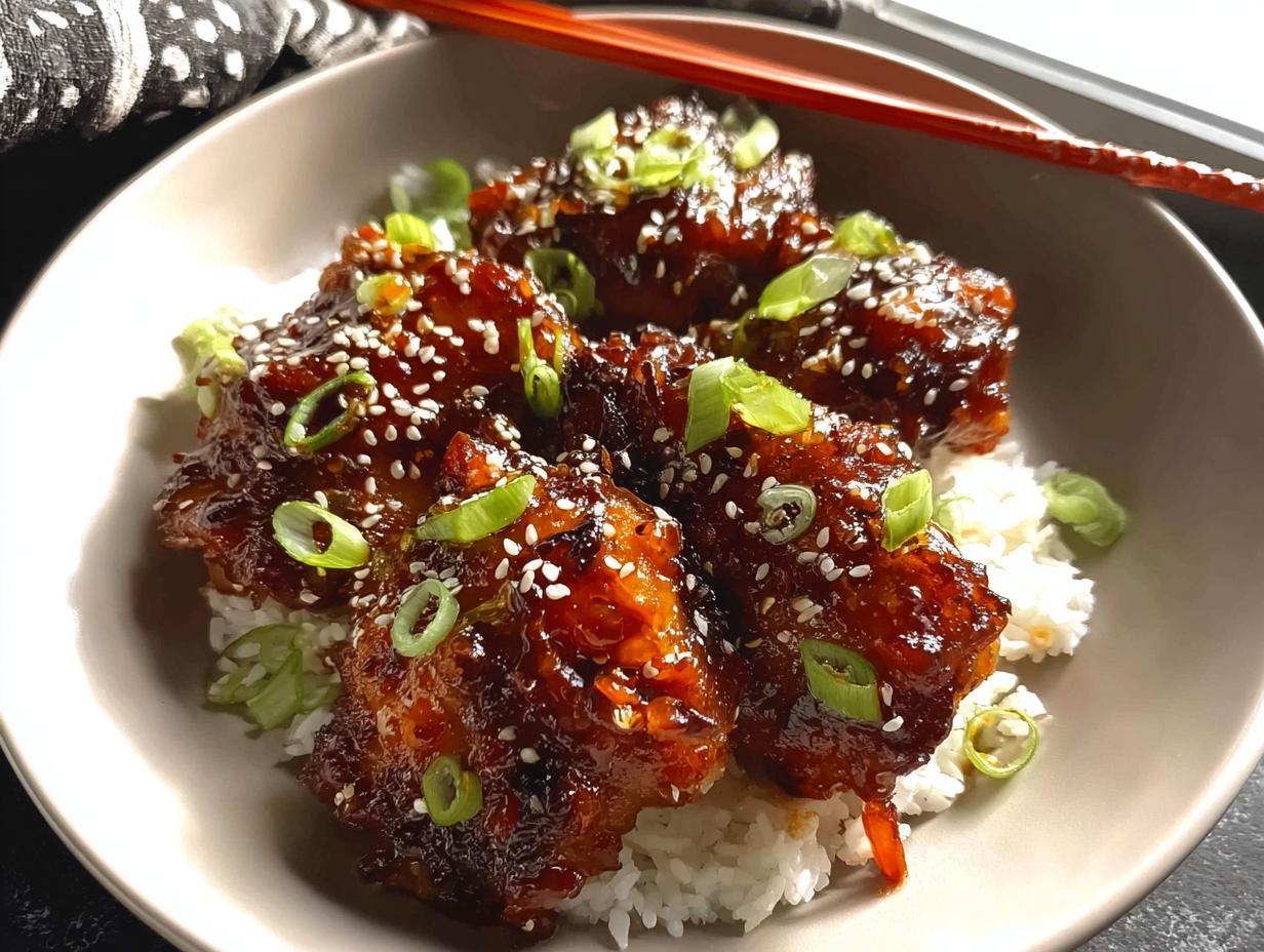 Four pieces of Sticky Soy Ginger Chicken Thighs coated in a dark glaze, served over white rice and garnished with sesame seeds and green onions.