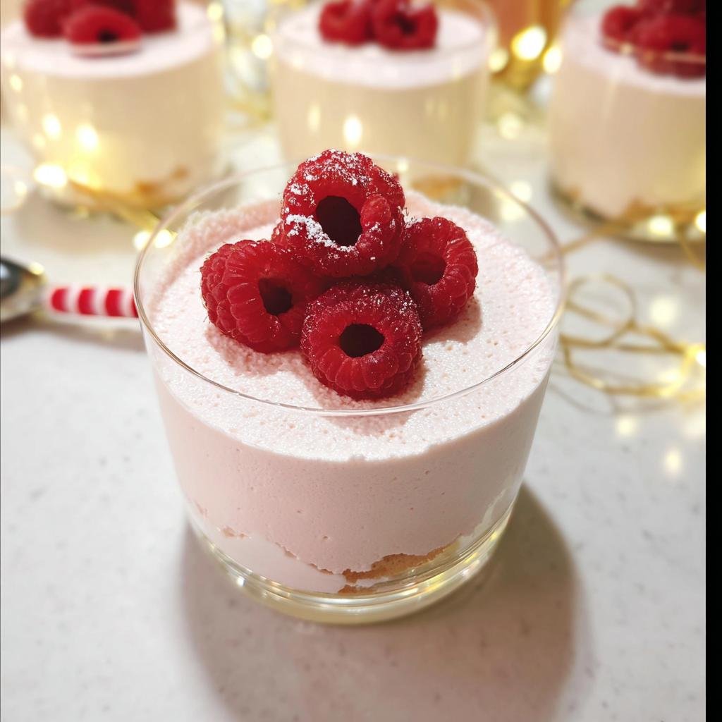 Close-up of a Stunning Desserts Champagne Raspberry Mousse topped with fresh raspberries and a dusting of powdered sugar.