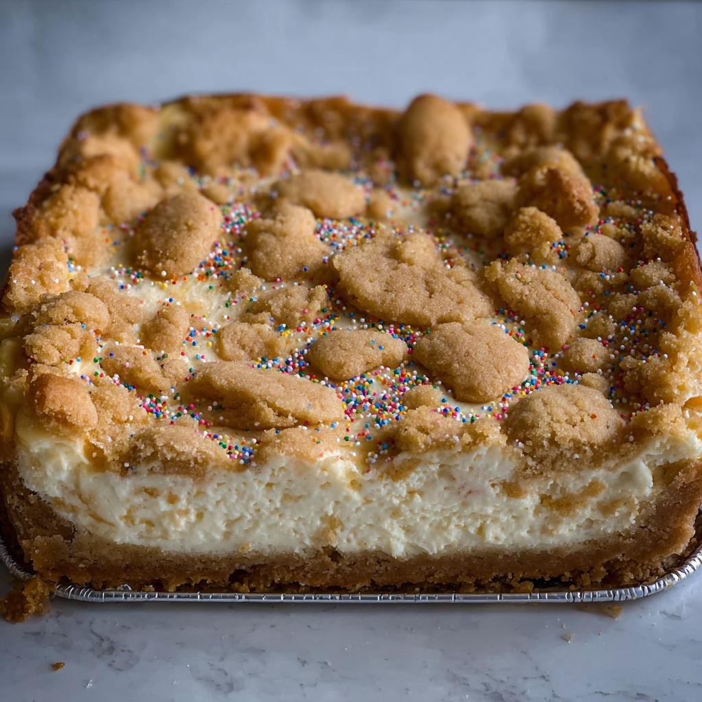 A close-up view of a rich Sugar Cookie Cheesecake topped with cookie crumbles and colorful sprinkles.