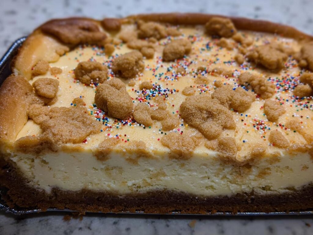 A close-up view of a freshly baked Sugar Cookie Cheesecake topped with colorful sprinkles and cookie crumbles.
