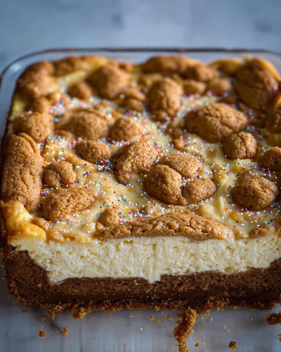 A close-up of a freshly baked Sugar Cookie Cheesecake topped with cookie crumbles and colorful sprinkles.