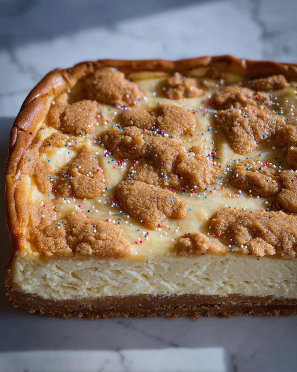 A slice of delicious Sugar Cookie Cheesecake topped with cookie crumbles and colorful sprinkles.