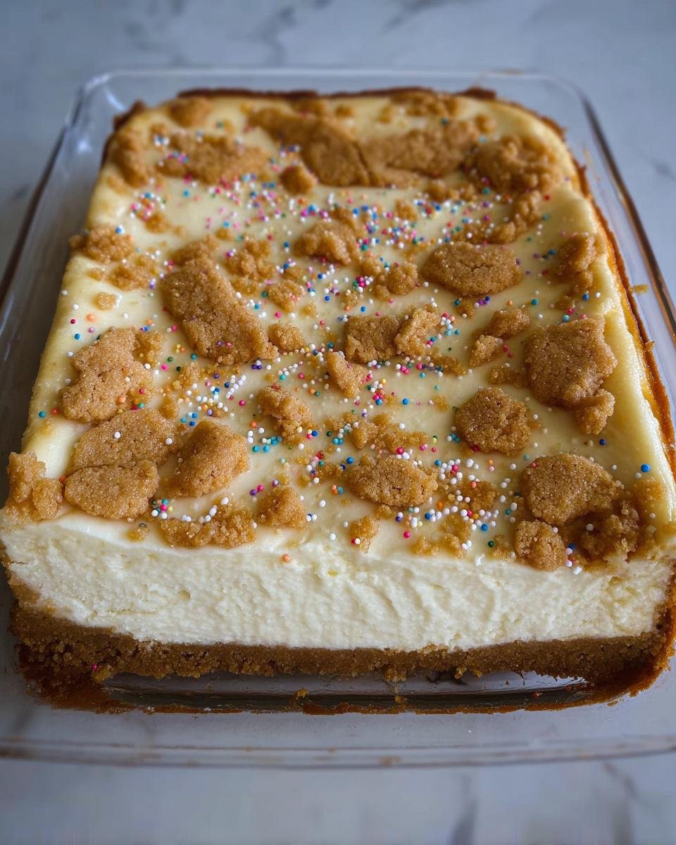 A whole Sugar Cookie Cheesecake in a glass baking dish, topped with cookie crumbles and colorful sprinkles.