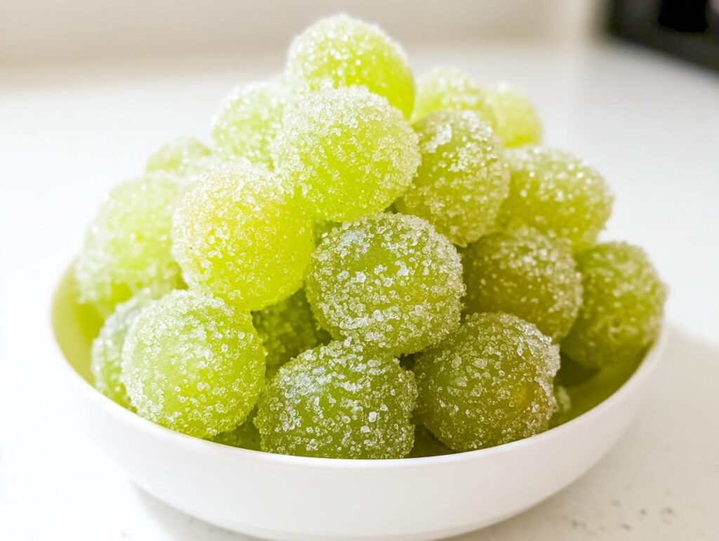 A bowl of glistening sugared champagne grapes, coated in sparkling sugar crystals.