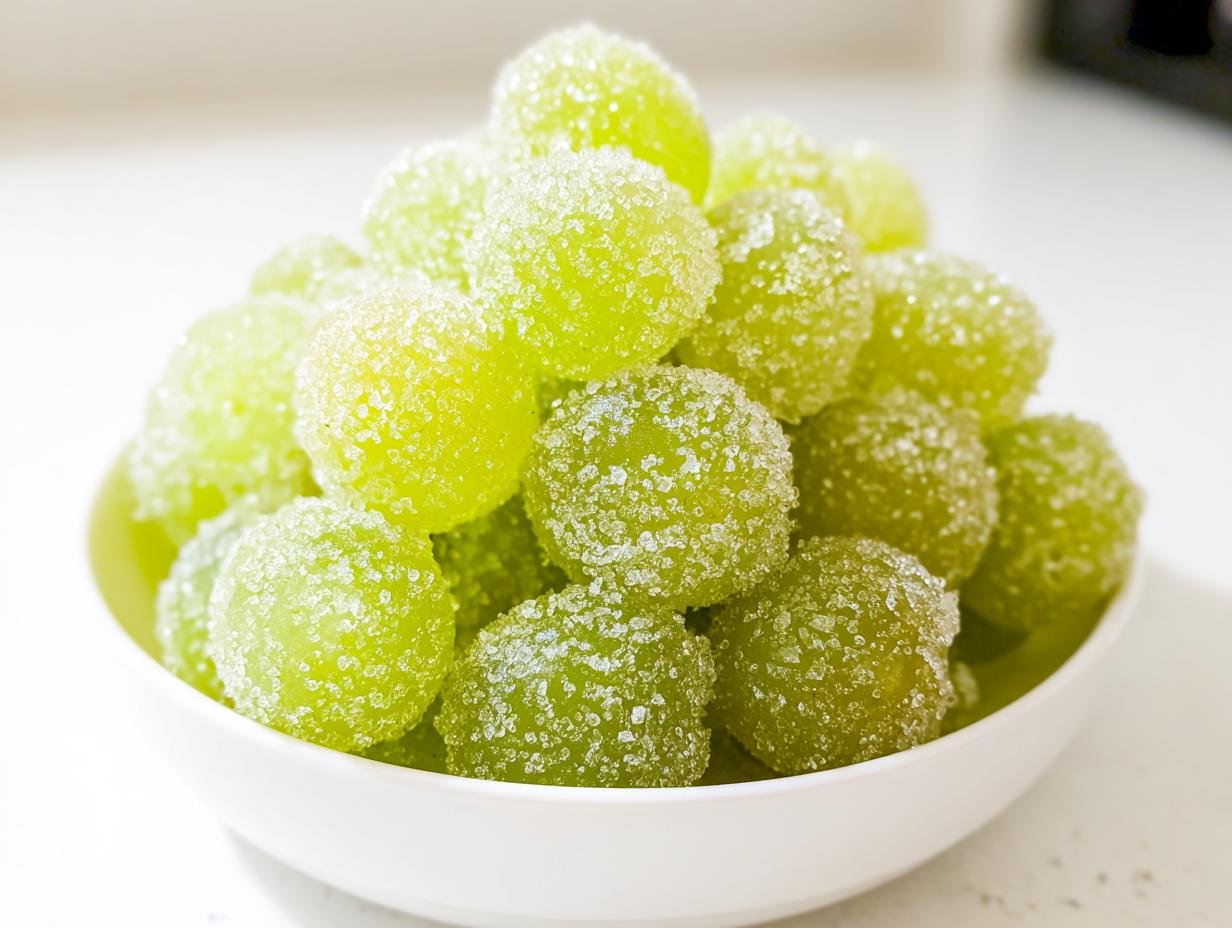 A bowl of glistening sugared champagne grapes, coated in sparkling sugar crystals.