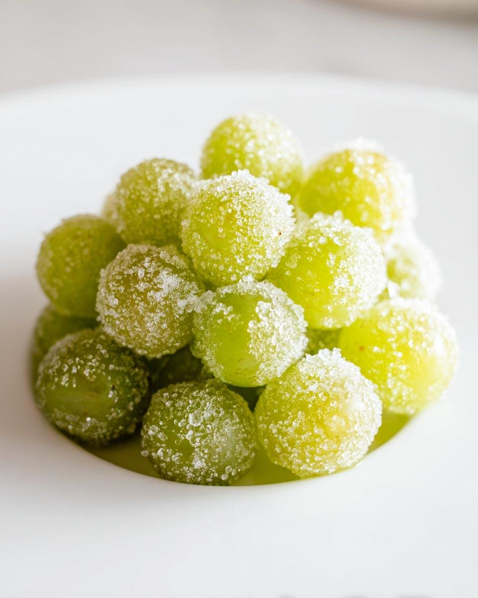 A pile of glistening Sugared Champagne Grapes, coated in sparkling sugar crystals, on a white plate.