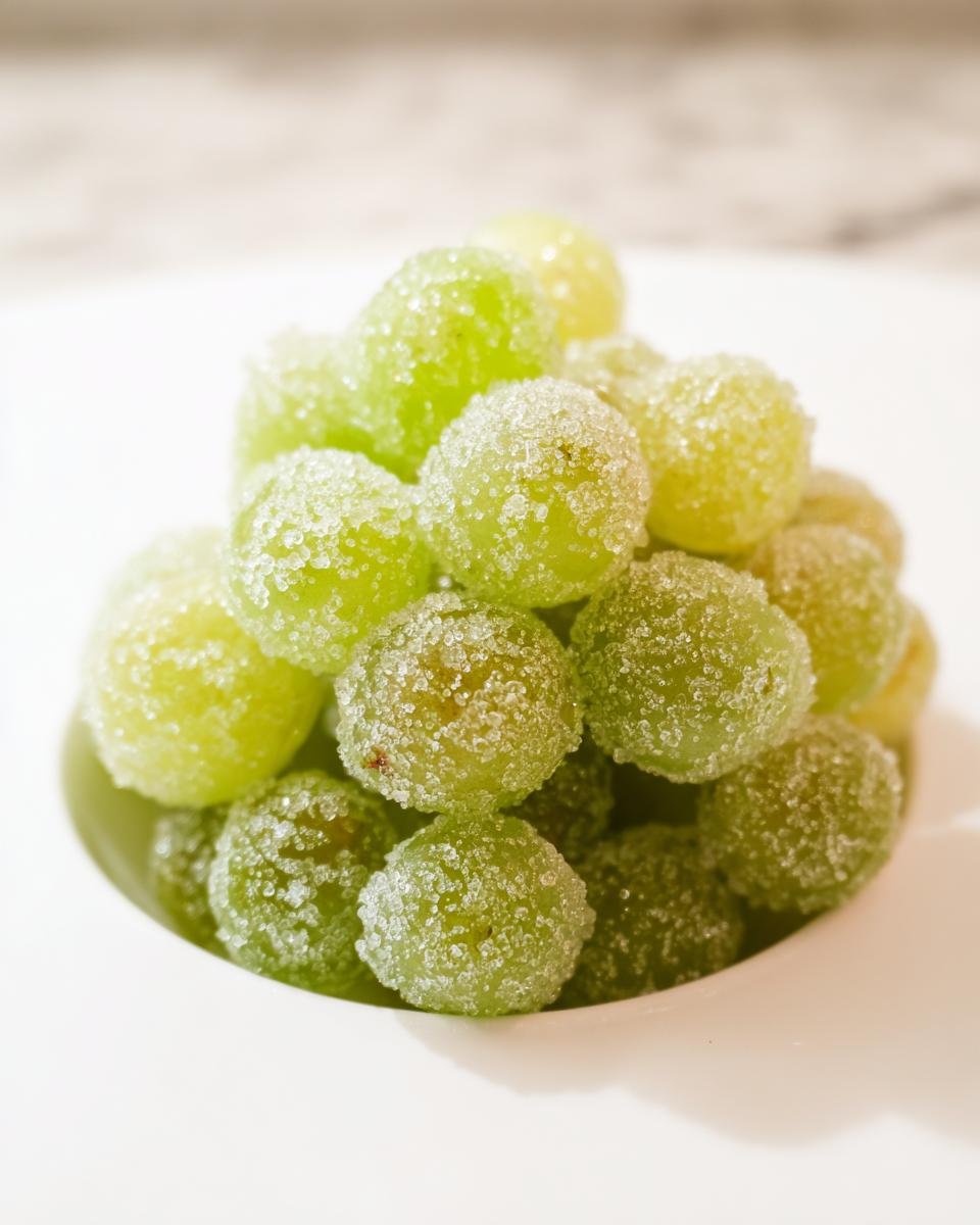 A pile of glistening sugared champagne grapes in a white bowl, ready to be served.