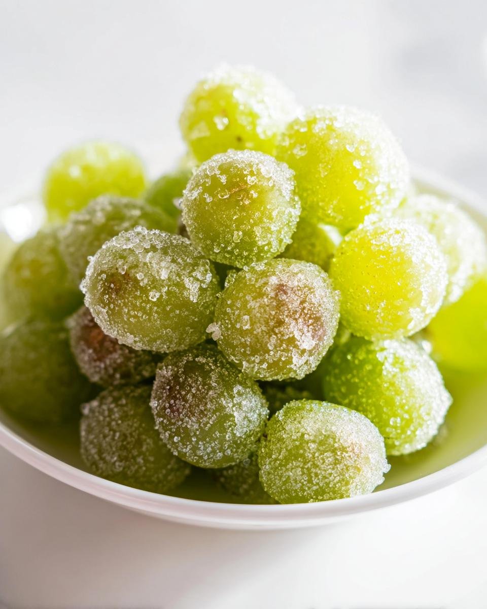 A close-up shot of glistening sugared champagne grapes piled high in a white bowl.
