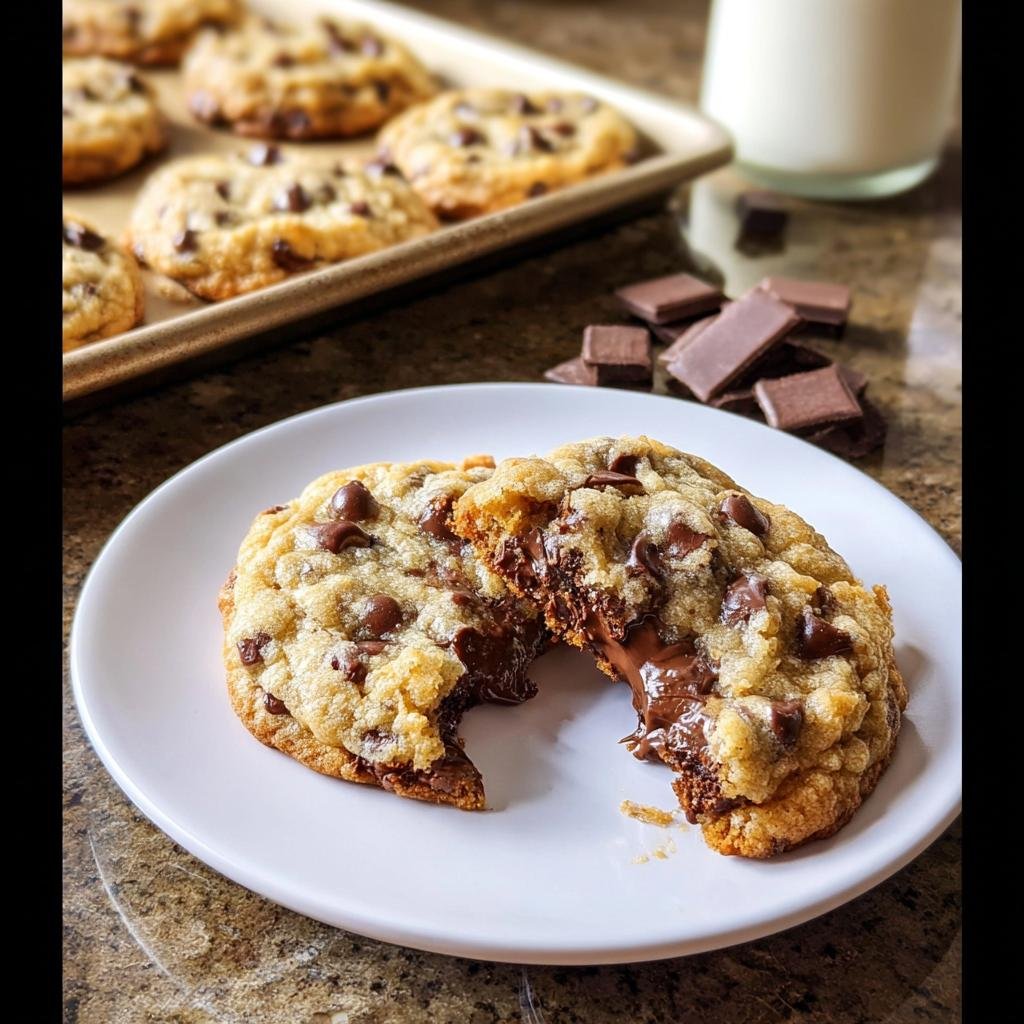 A thick Bakery Style Chocolate Chip Cookies broken in half showing a gooey melted chocolate center.