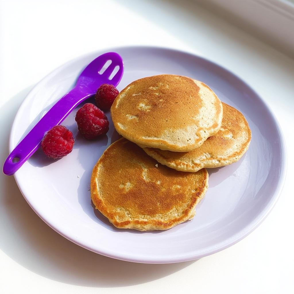 Three golden brown Three Ingredient Banana Pancakes stacked on a light purple plate with fresh raspberries.