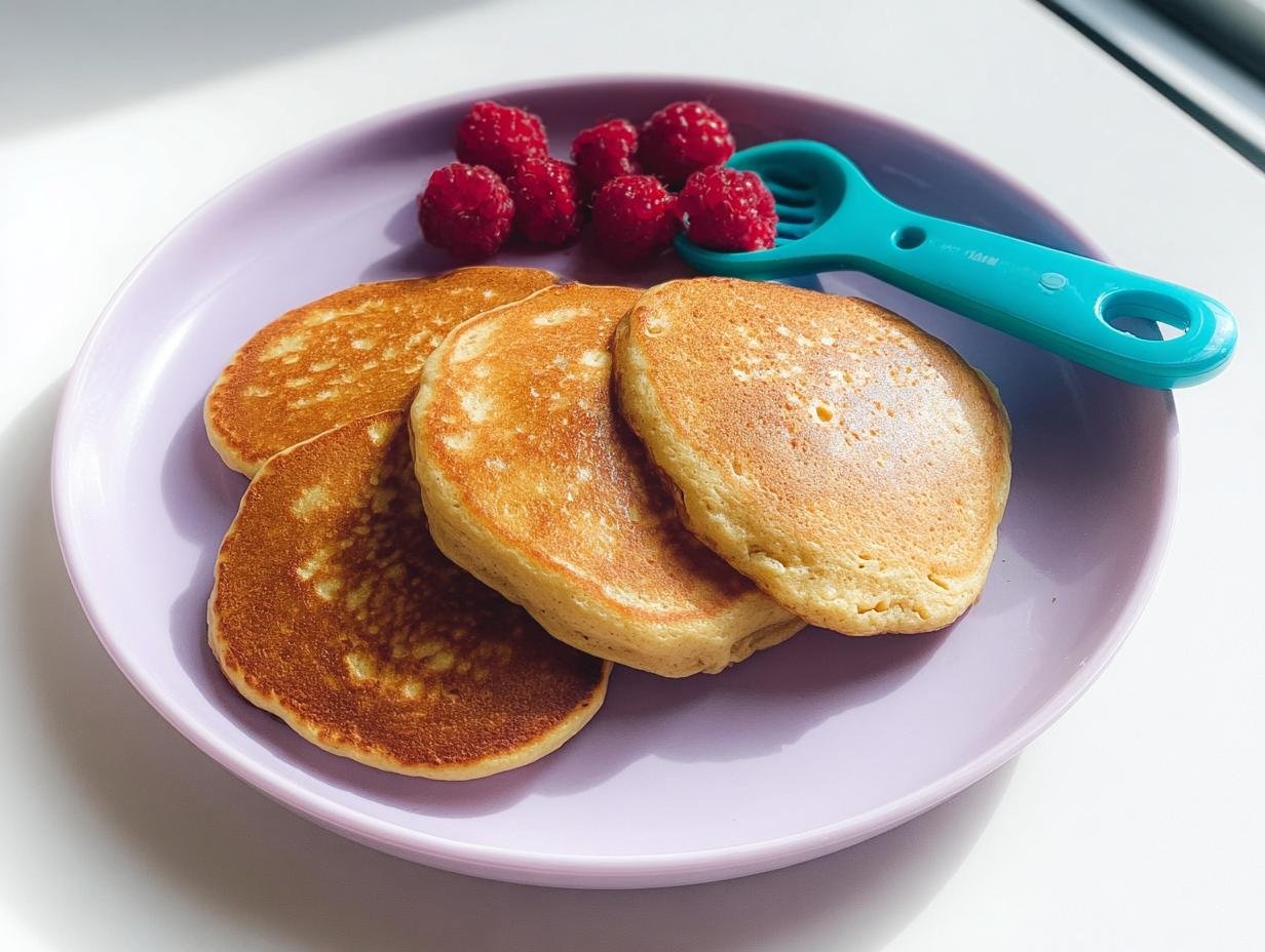 Close-up of three golden Three Ingredient Banana Pancakes served with fresh raspberries on a light purple plate.