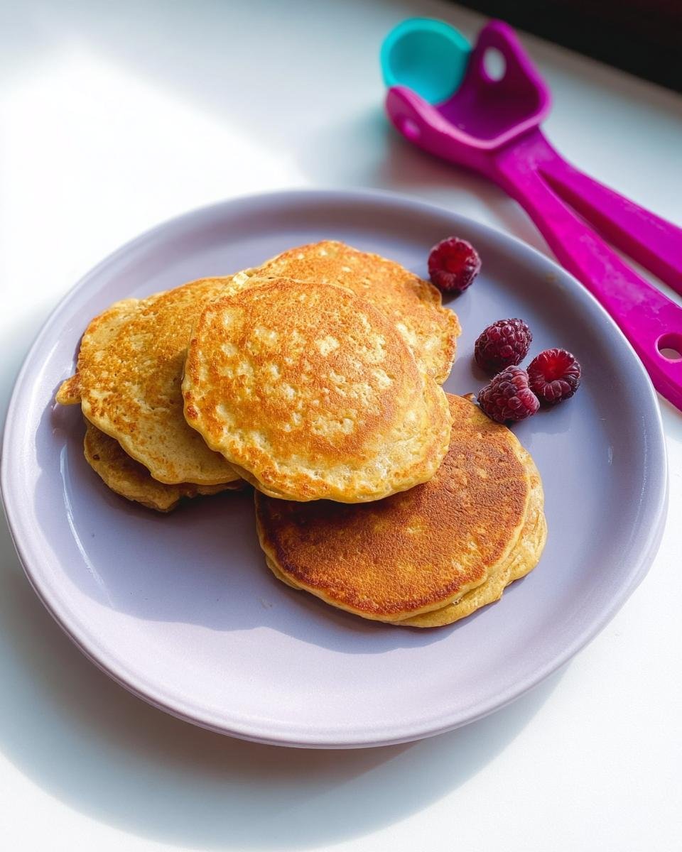 A stack of golden Three Ingredient Banana Pancakes served on a light purple plate with fresh raspberries.