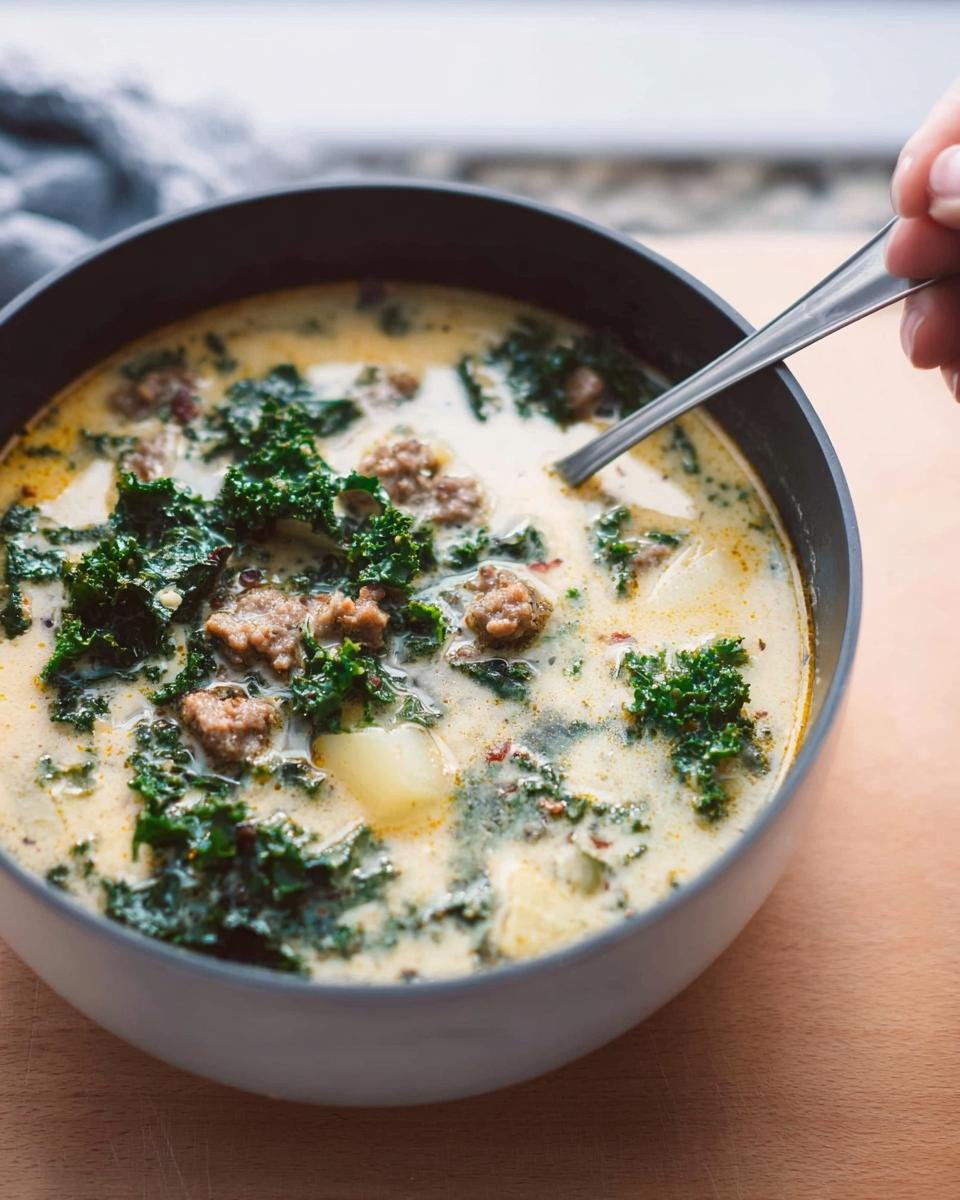 A close-up of a bowl of creamy Tuscan Sausage and Kale Soup Zuppa, showing chunks of sausage and bright green kale.