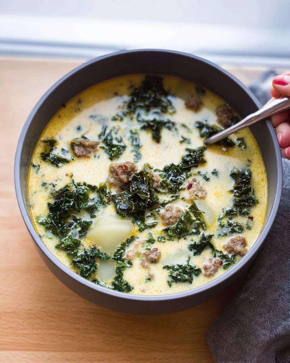 Close-up of a creamy bowl of Tuscan Sausage and Kale Soup Zuppa Inspired with sausage chunks and dark green kale.