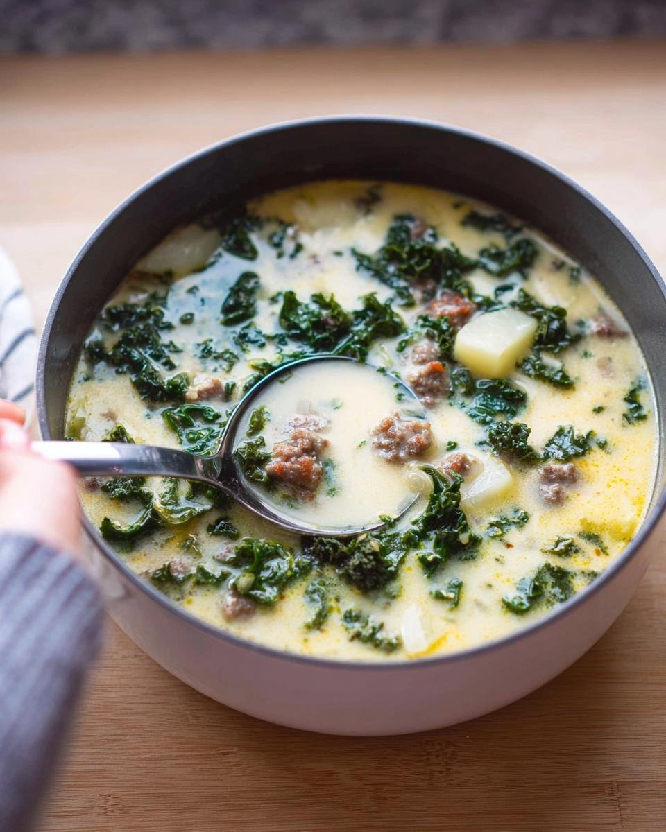 A ladle scooping creamy Tuscan Sausage and Kale Soup Zuppa Inspired from a white pot.