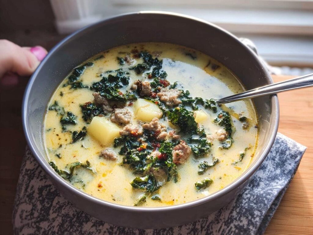 A close-up of a hearty bowl of creamy Tuscan Sausage and Kale Soup Zuppa Inspired with chunks of potato and sausage.