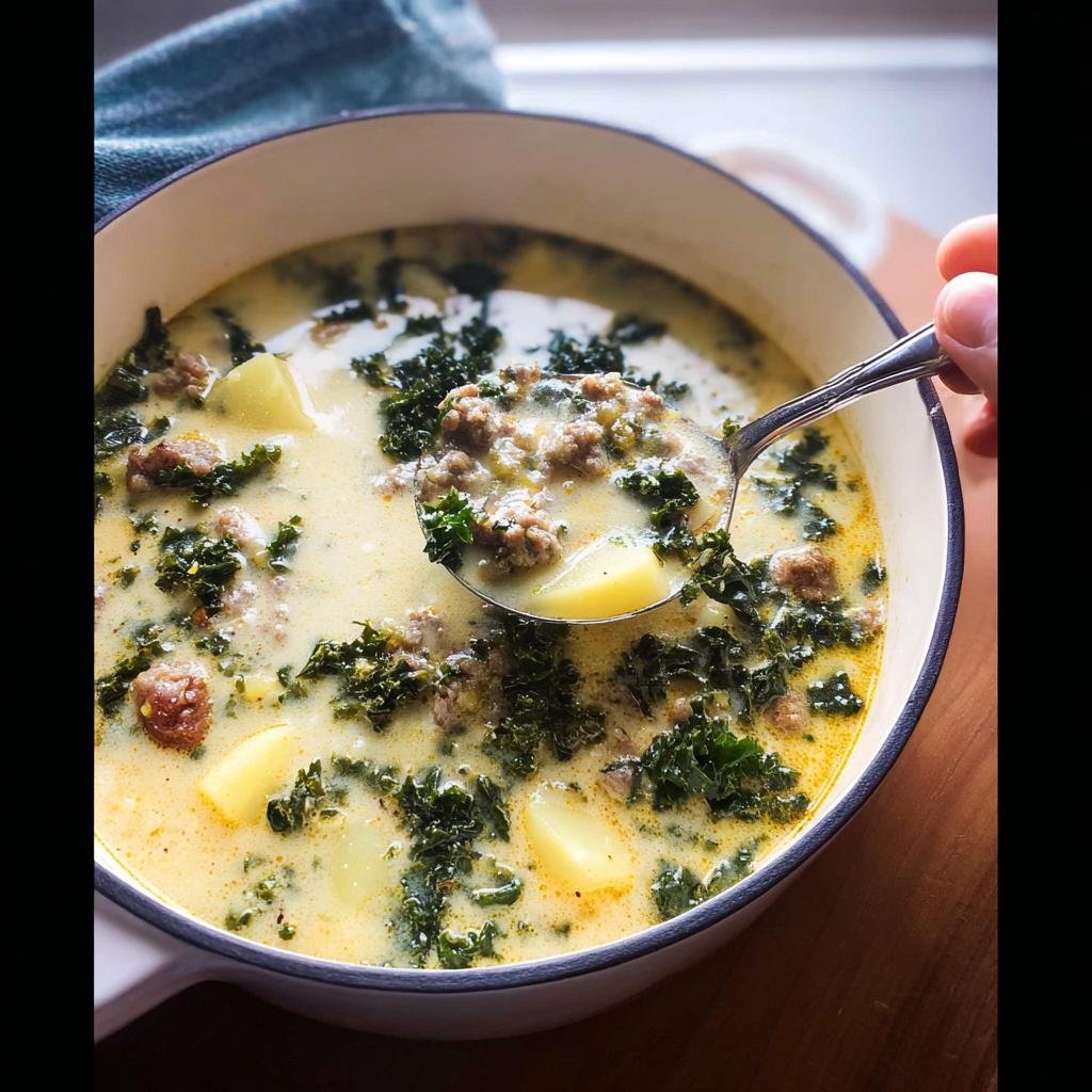 A spoonful of creamy Tuscan Sausage and Kale Soup Zuppa Inspired being lifted from a white pot.