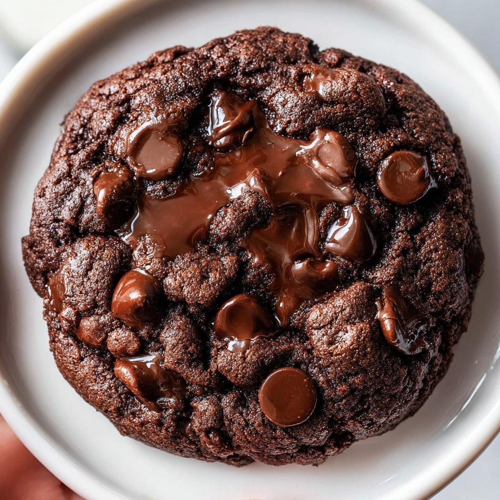 Close-up of a rich, dark chocolate cookie with melted chocolate chips, perfect for Two Chip Chocolate Chip Cookies Gooey.