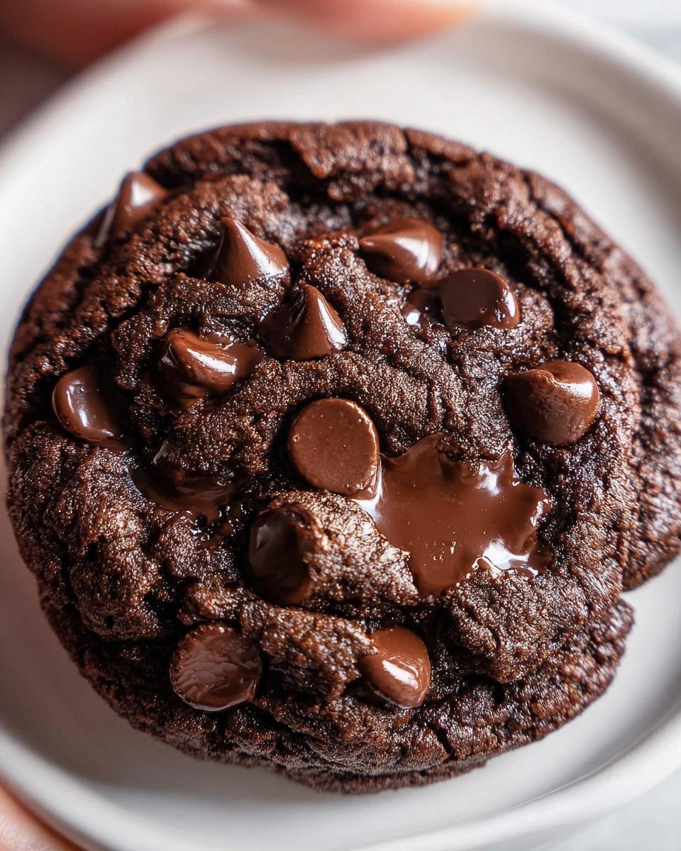 Close-up of a rich, dark chocolate cookie loaded with melted chocolate chips, emphasizing the gooey texture.