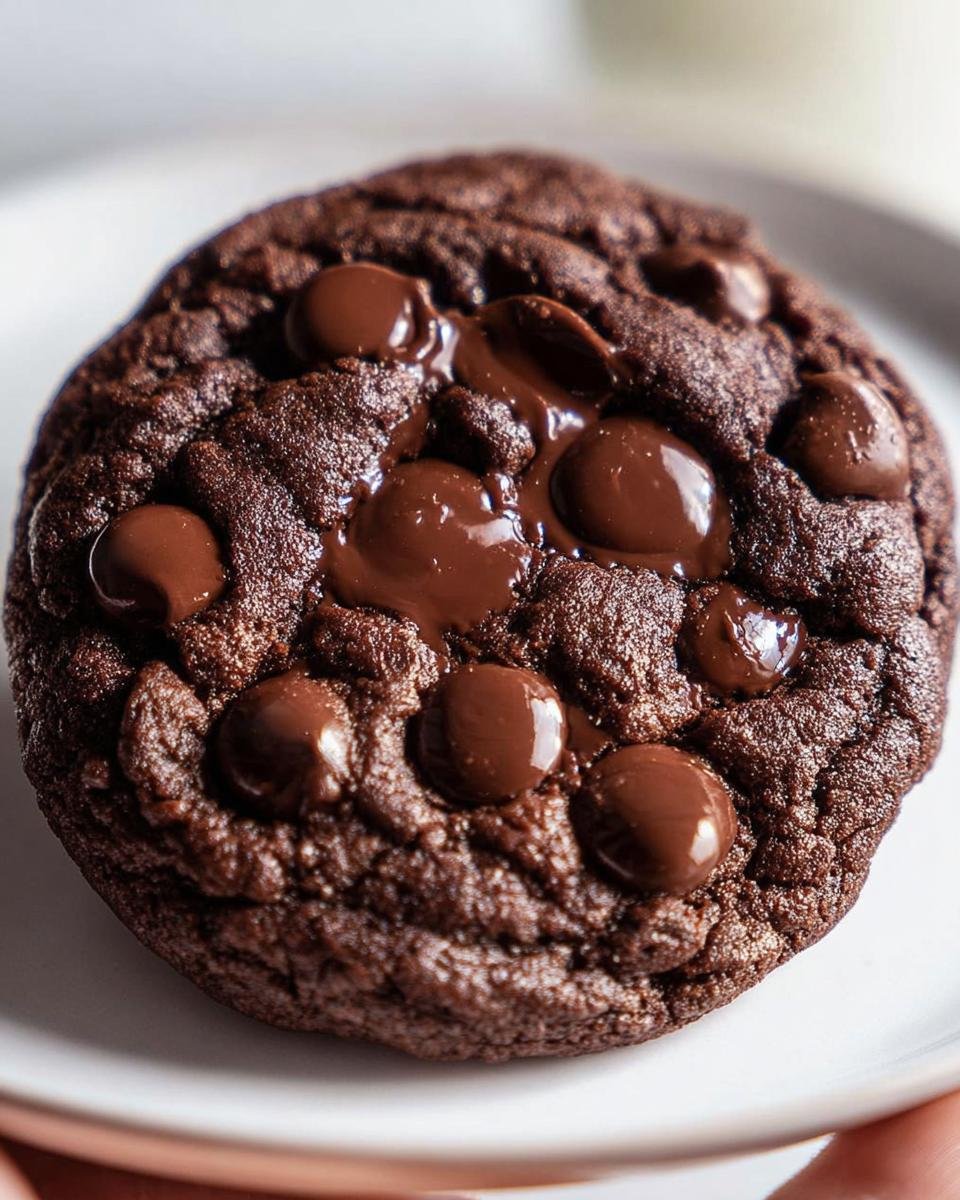 Close-up of a rich, dark chocolate cookie with melted chocolate chips, showcasing the gooey texture of the Two Chip Chocolate Chip Cookies Gooey.