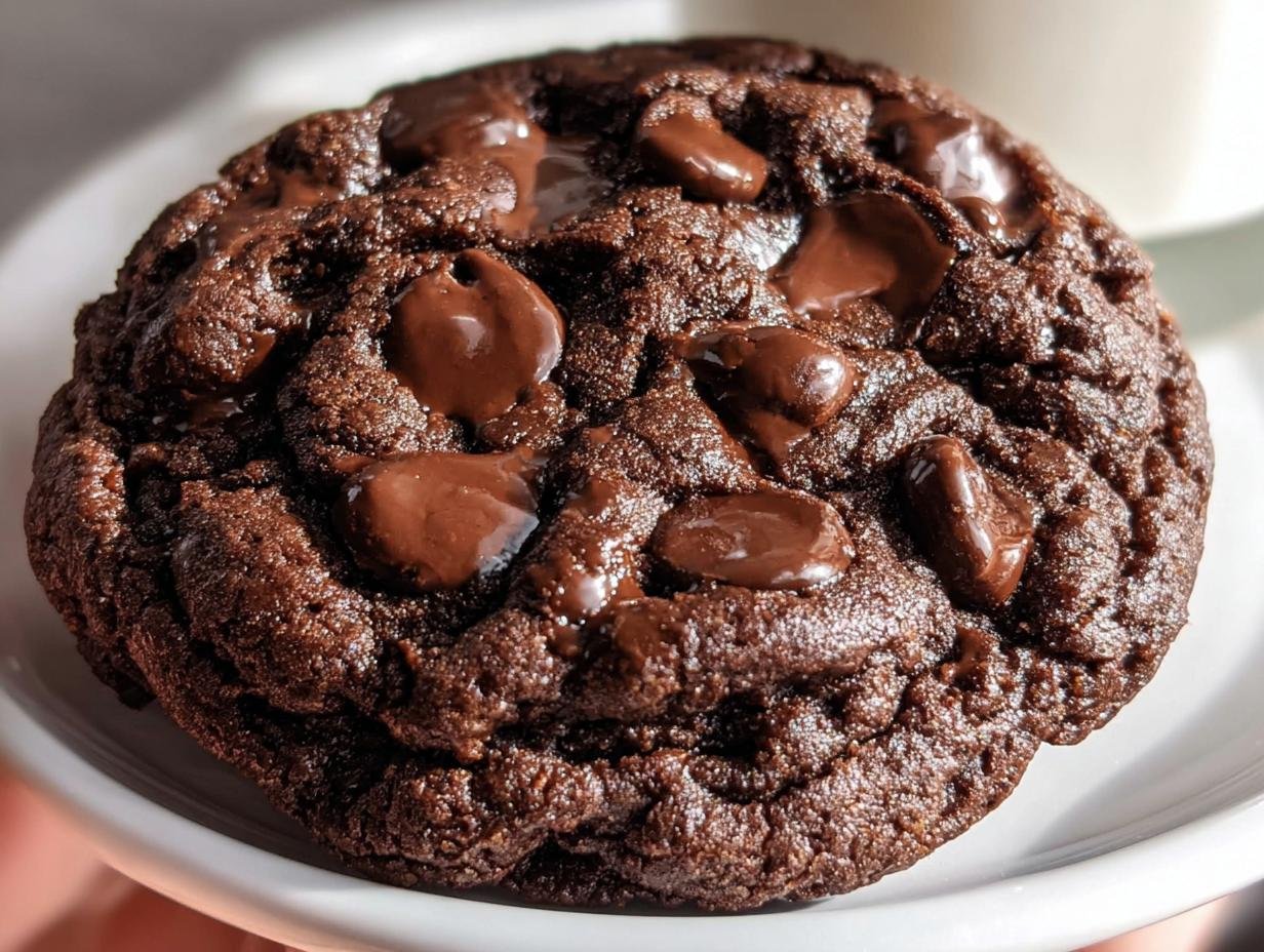 Close-up of a rich, dark chocolate cookie with melted chocolate chips, perfect for Two Chip Chocolate Chip Cookies Gooey.