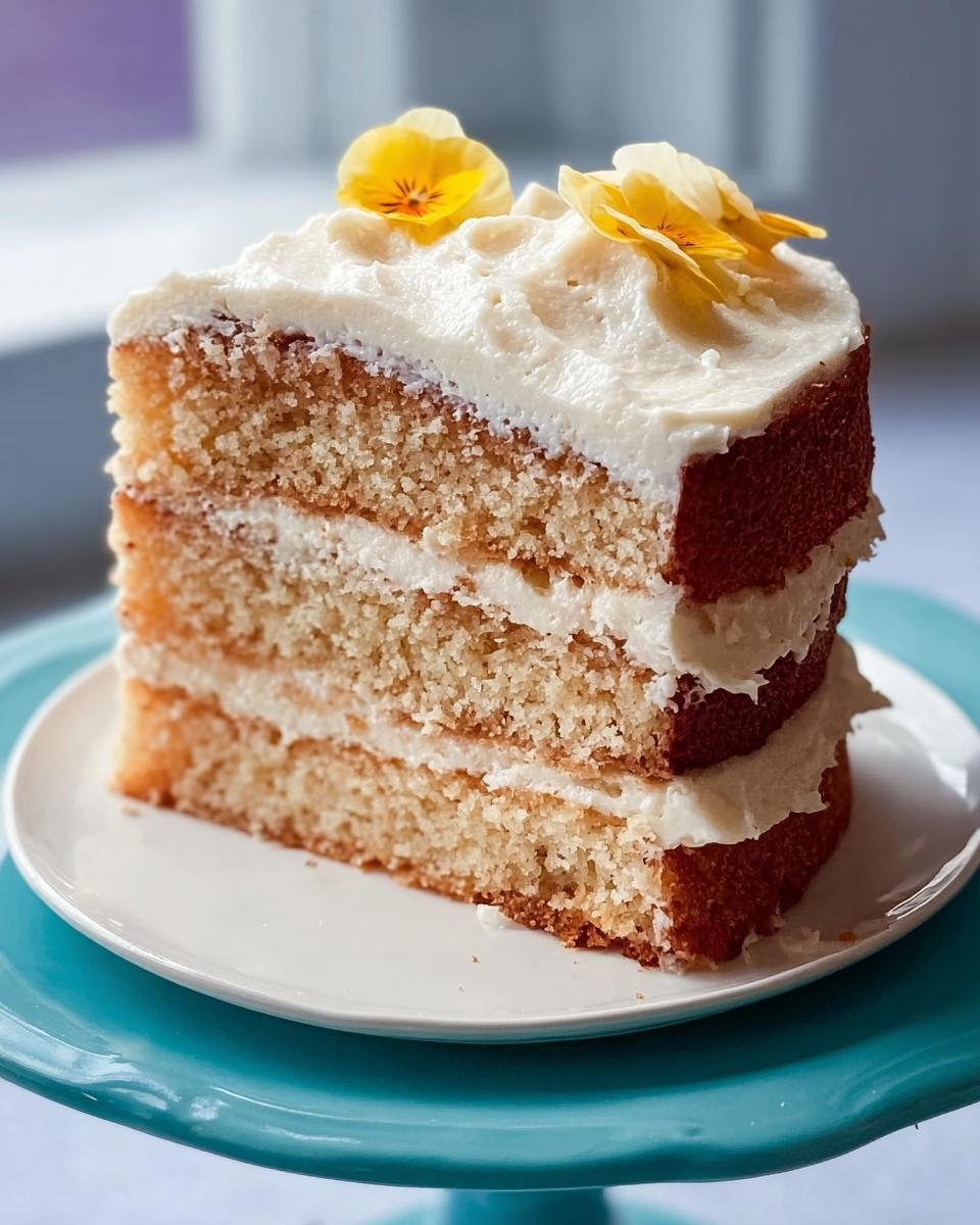 A slice of layered vanilla cake with creamy white frosting, decorated with edible yellow flowers. Wow Guests with 30 Cake Ideas.