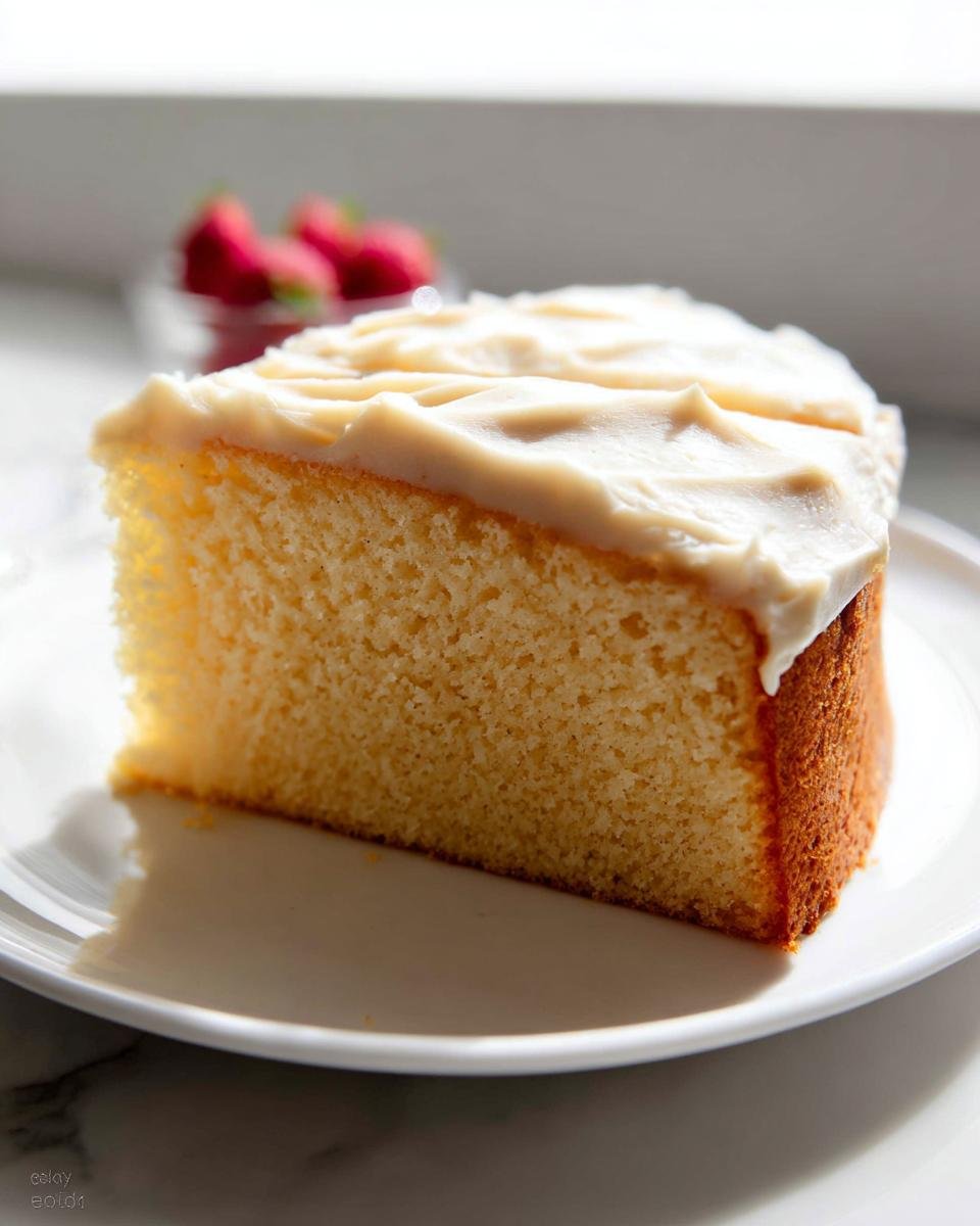 A slice of moist vanilla sponge cake with creamy frosting, part of amazing cake ideas.