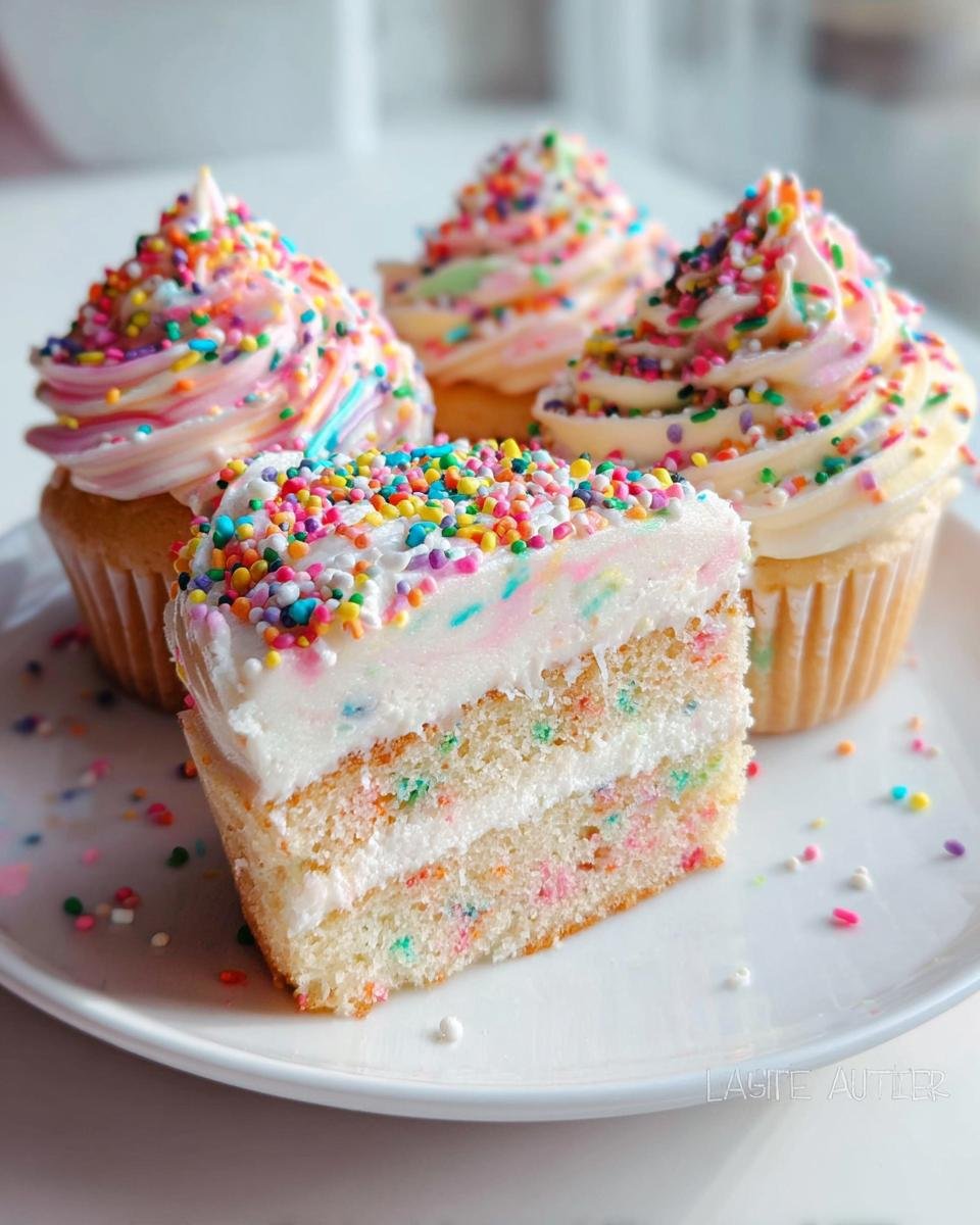 A slice of whimsical birthday cake with colorful sprinkles and frosting, next to cupcakes.