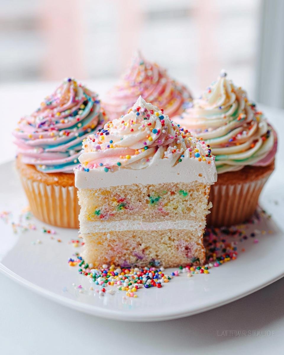 A slice of funfetti cake with colorful frosting and sprinkles, surrounded by cupcakes, showcasing whimsical birthday cake ideas.