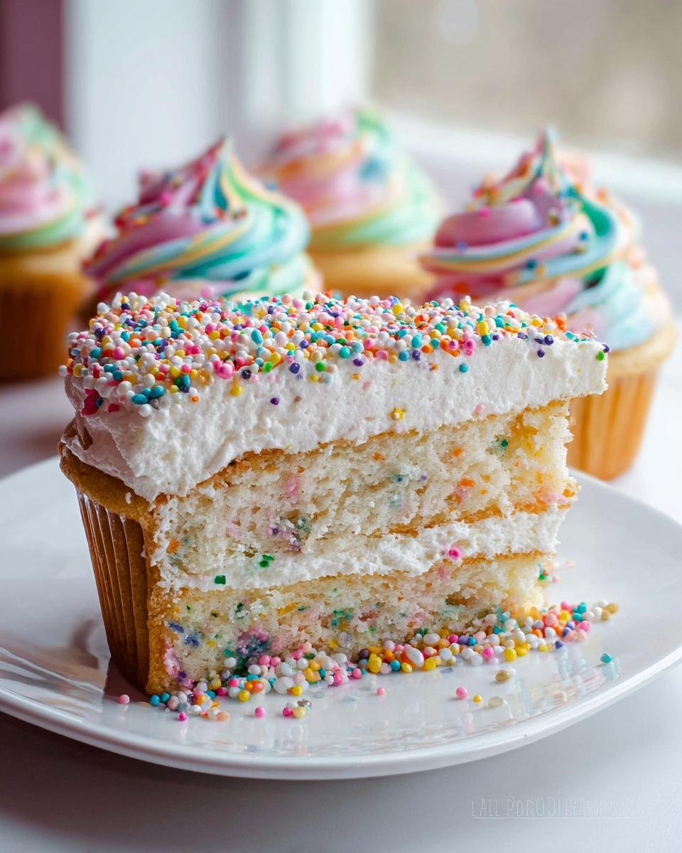 A slice of whimsical birthday cake with white frosting and colorful rainbow sprinkles, with cupcakes in the background.