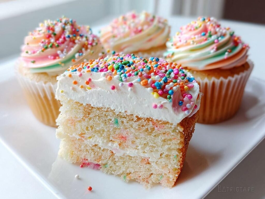 A slice of whimsical birthday cake with layers of confetti cake and white frosting, topped with colorful sprinkles.