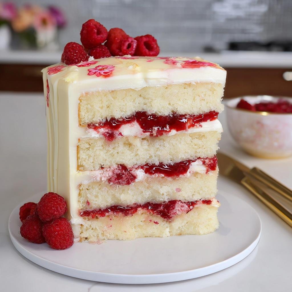 A slice of White Chocolate Raspberry Dream Cake, showing layers of white cake, raspberry filling, and white chocolate frosting, topped with fresh raspberries.