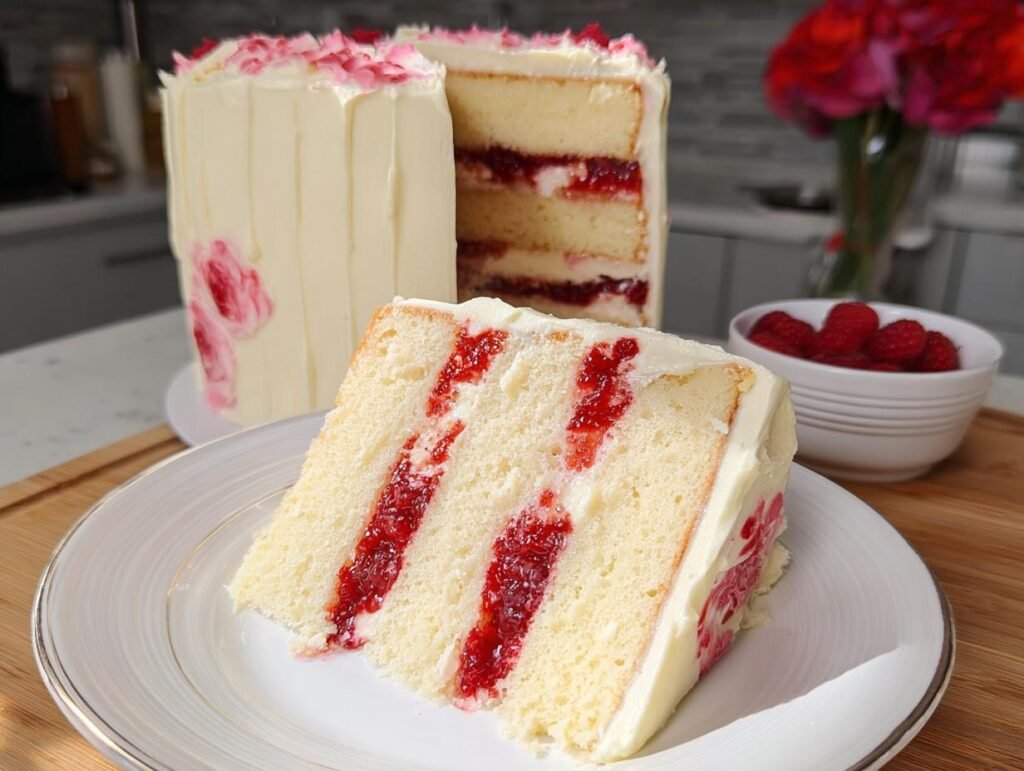 A slice of White Chocolate Raspberry Dream Cake, showing layers of white cake and raspberry filling, topped with white chocolate frosting.