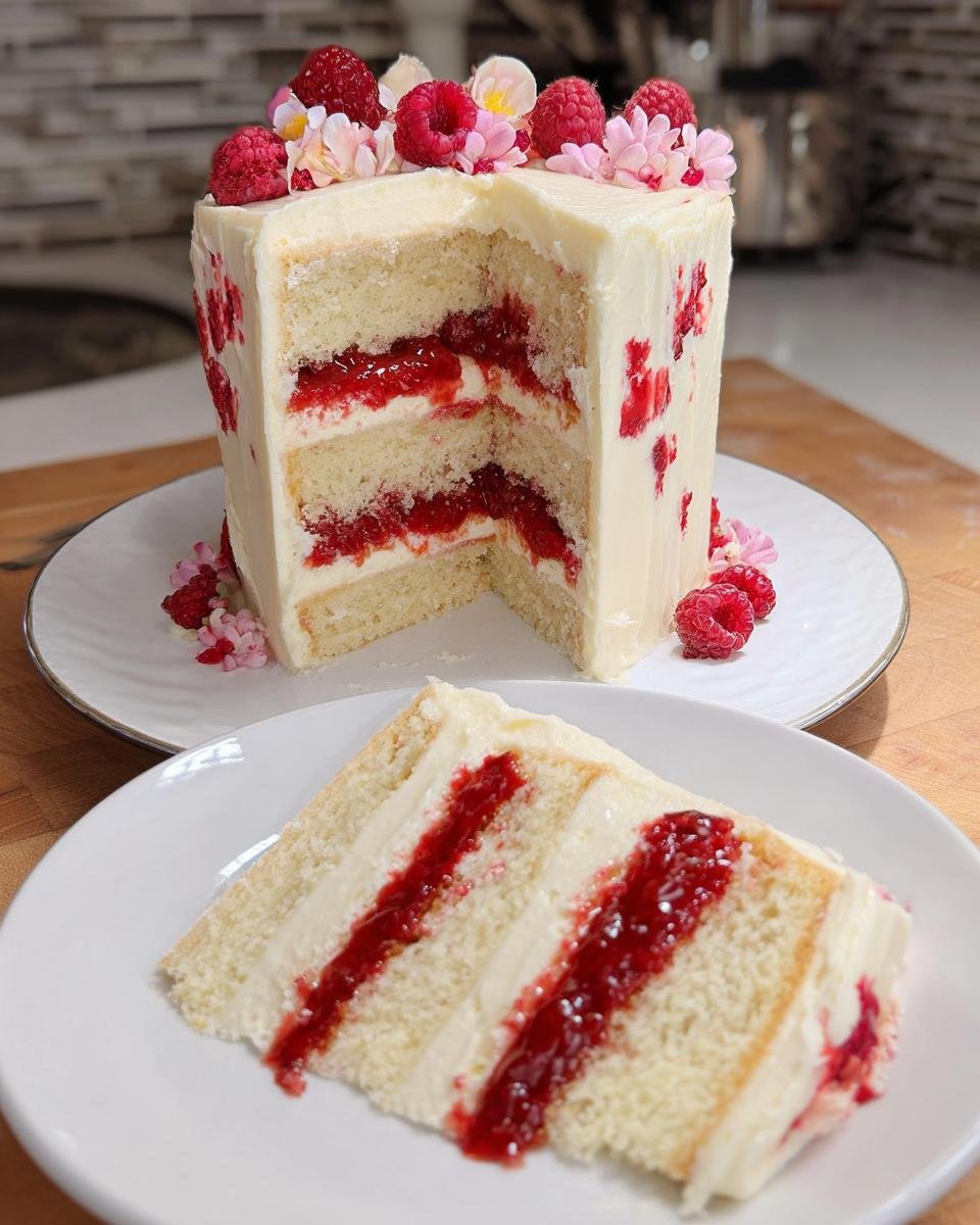 A slice of White Chocolate Raspberry Dream Cake showing layers of white cake, white chocolate frosting, and raspberry filling.