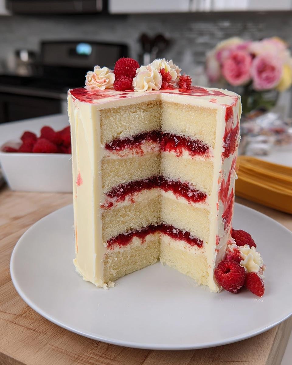 A slice of White Chocolate Raspberry Dream Cake with layers of white cake, raspberry filling, and white chocolate frosting.