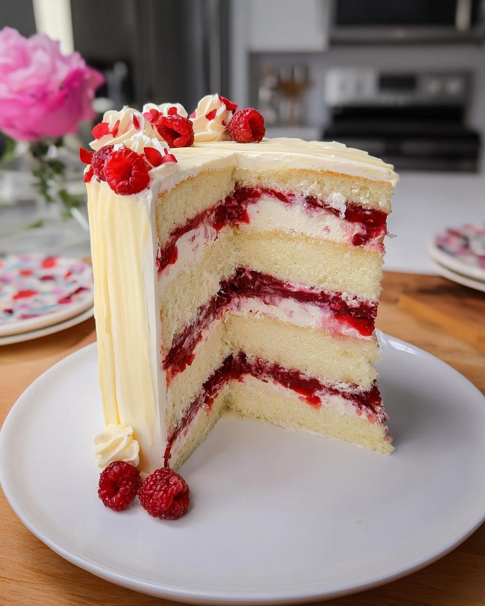 A slice of White Chocolate Raspberry Dream Cake showing layers of cake, cream, and raspberry filling, decorated with white chocolate curls and fresh raspberries.