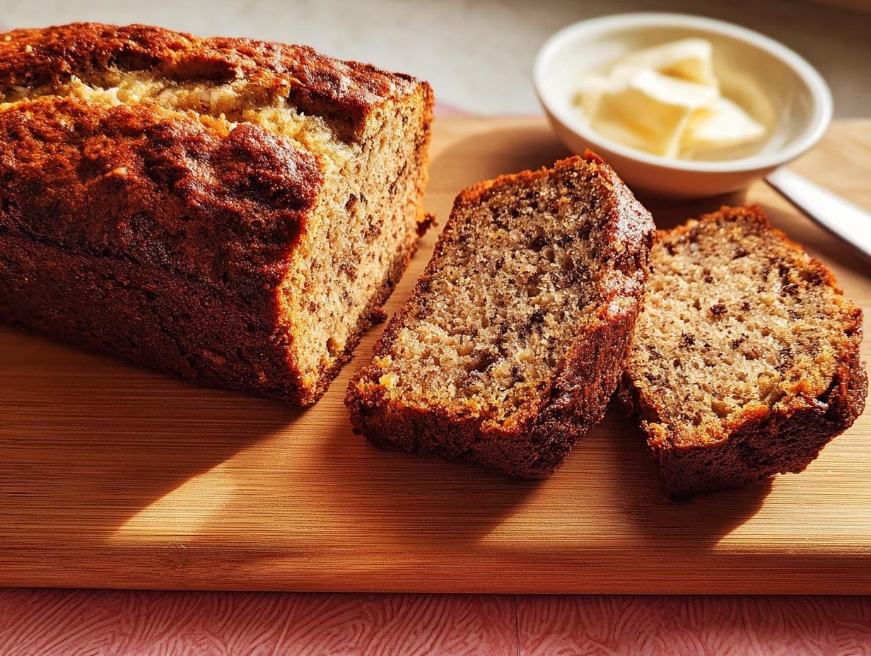 A loaf of The World's Best Banana Bread Recipe with two slices cut, served on a wooden board with butter.