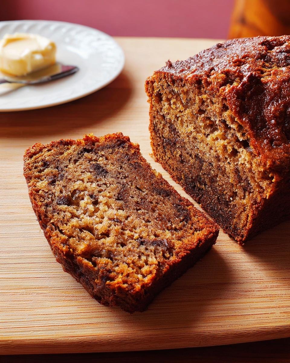 A slice of The World's Best Banana Bread Recipe on a wooden board, with a pat of butter in the background.